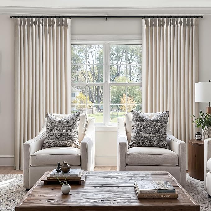 Pinch Pleated Linen Curtains 96 Inches Long for Living Room 2 Panel Set Oatmeal Light Filtering Pinch Pleat Hooks Rings Back Tab Neutral Boho Farmhouse 96 Inch Curtain Drapes for Bedroom Window