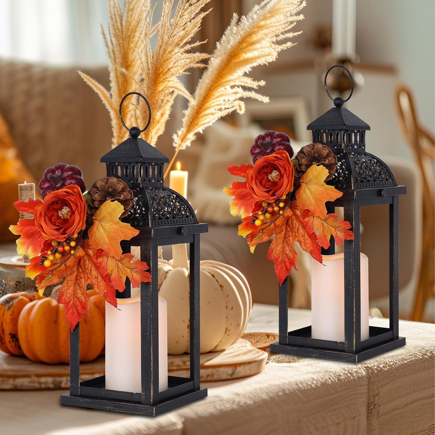 NEEDOMO Fall Decorations for Home, 2 Pcs 15'' Fall Lantern Indoor Outdoor Thanksgiving Decor, Vintage Metal Hanging Candle Holders with Fall Teardrop Wreath and LED Candle for Patio, Porch, Table