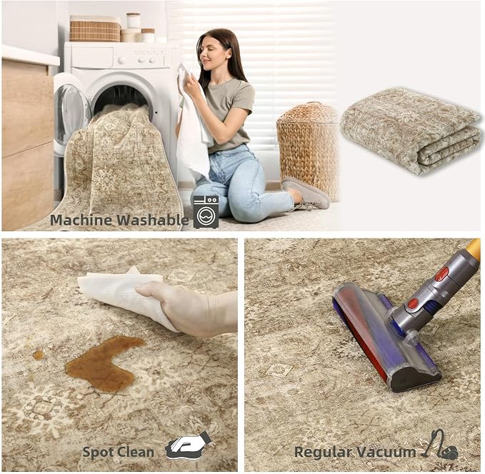 8x10 Area Rugs for Living Room: Washable Rugs for Bedroom Non Slip Low Pile Soft Faux Wool Non Shedding Vintage Large Area Rug for Dining Room Kitchen Nursery Under Table Farmhouse Home Office Indoor