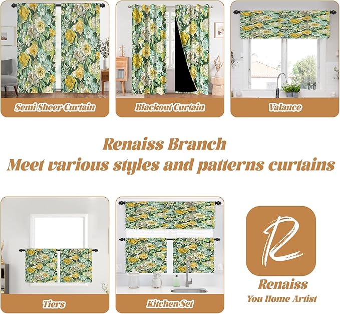 Renaiss 42 x 54 Inch Watercolor Floral Kitchen Curtains Flower Plant Small Short Cafe Window Curtains Rustic Colorful Wildflower Plants Blossom Spring Rod Pocket Tier Window Treatment Drapes 2 Panels