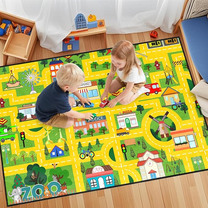 Car Rug Play Mat for Boys Girls Fun Yellow Road Rug for Bedroom Playroom, Fun Car Carpet for Room Decor City Carpet with Race Track, Street, Animal, 3x5 Feet