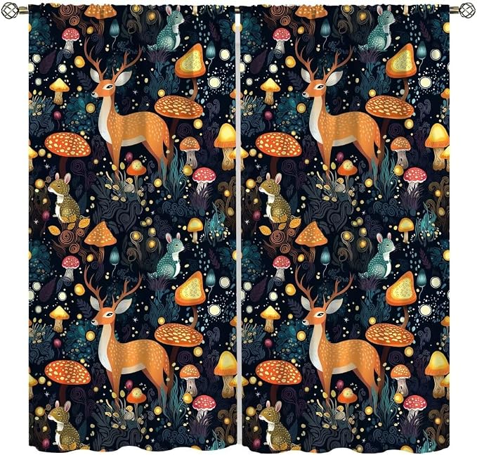 Fantasy Plant Curtains,Cute Woodland Deer Forest Animal Floral Mushroom Print Window Treatments for Bedroom Living Room Study Window Drapes 2 Panels Set,Total Size 72 x 63 Inch