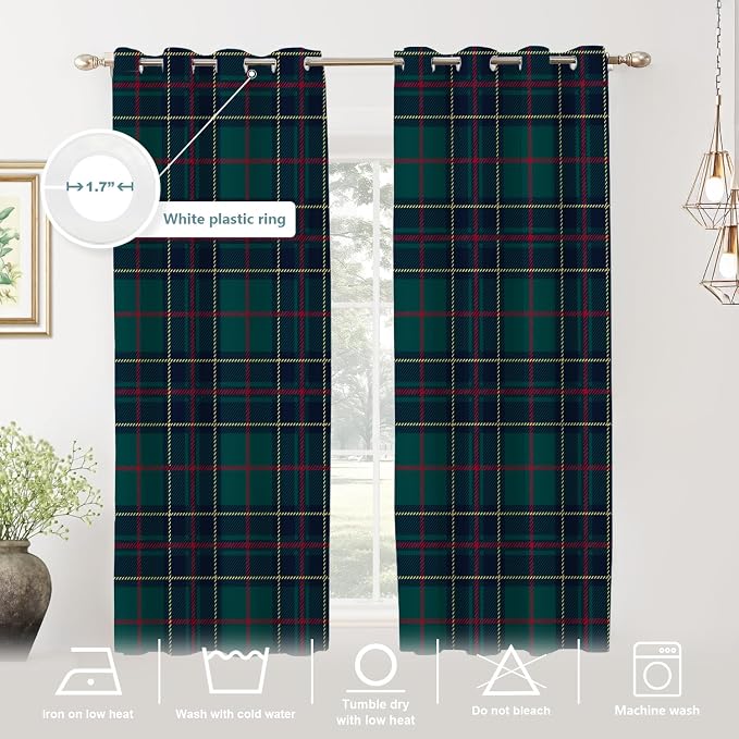 Shrahala Tartan Plaid Blackout Window Curtains, Green Scottish Fabric Kilt Twill Woven Thermal Insulated Curtains Grommet Top Window Drapes for Living Room, Bedroom (2 Panels,52 x 63 in)