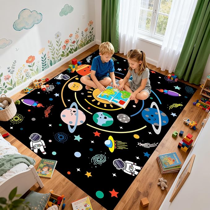 Space Rug for Boys Room - Outer Space Rug for Bedroom Machine Washable 6x8 Feet Solar System Planet Theme Carpet Decor for Playroom Classroom Decor