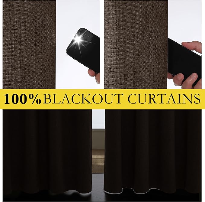 NICETOWN Coffee Vintage Linen 100% Blackout Curtains for Classroom, Thermal Insulated Curtains 63" Long, Noise Reducing Window Treatment Drapes for Gym Room, 42" Wide Per Panel, Set of 2