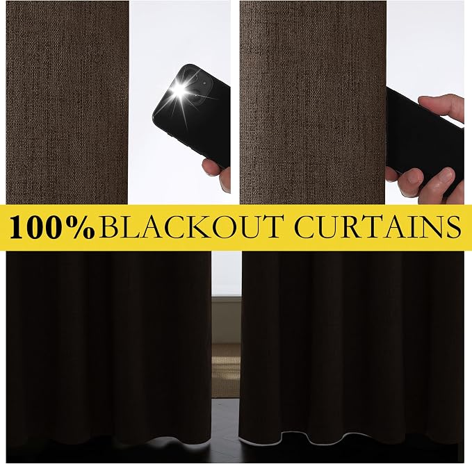 NICETOWN Coffee Vintage Linen 100% Blackout Curtains for Living Room, Thermal Insulated Curtains 45" Long, Noise Reducing Window Treatment Drapes for Hall Room, 52" Wide Per Panel, Set of 2