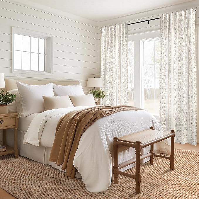 Linen Curtains 96 Inches Long 2 Panel Set,Modern Farmhouse Floral Pattern Taupe Sheer Pleated Light Filtering Curtains for Living Room Dining Room