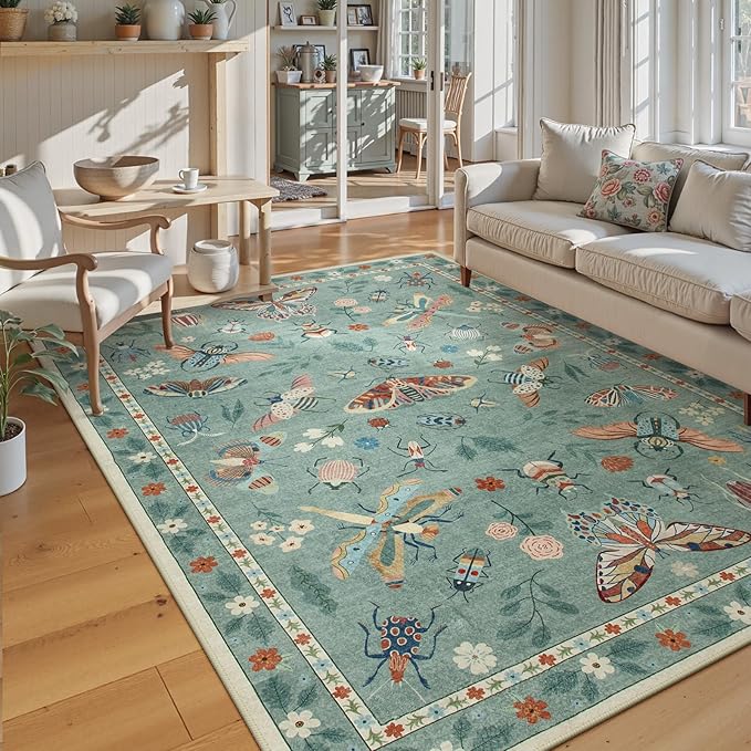 Lahome Insect Washable Area Rugs 5x7, Soft Green Rug for Living Room Bedroom Ultra-Thin Non-Shedding, Modern Stain Resistant Throw Large Carpet for Dining Room Nursery Vionnet(5'x7',Green)