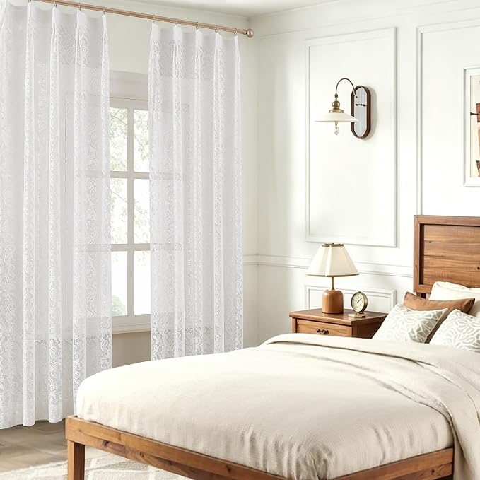 Bujasso White Lace Pinch Pleat Curtains 84 inch,Vintage Floral Sheer Drapes with Hooks & Rings, Victorian Damask Scalloped Edge Light Filtering Window Panels for Bedroom Living Room, 40" Wx84 Lx2