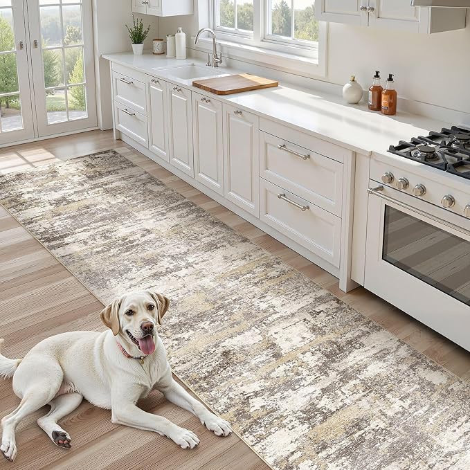 Hallway Washable Runner Rug: 3x8 Abstract Modern Soft Stain Resistant Non-Slip Backing Runner for for Entryway Kitchen Laundry - Gold Brown