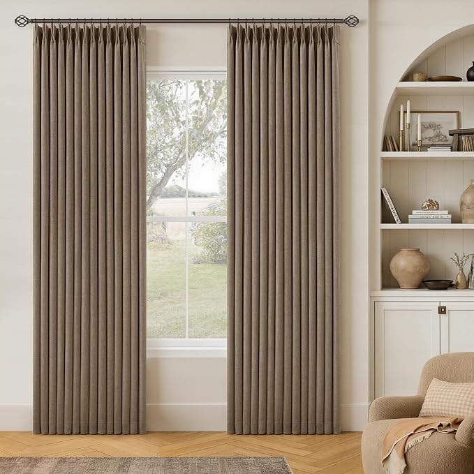 Latte Pinch Pleated 100% Blackout Linen Bedroom Curtains 86 Inch Length Double Layer Pleat Curtains Ring Hooks Back Tab Black Out Room Darkening Drapes 86 Inches Long Living Room Sliding Door