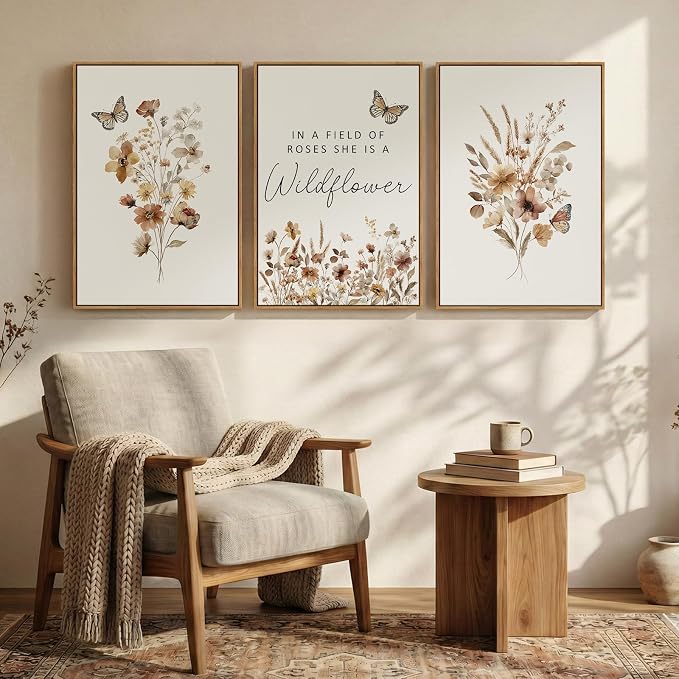 Framed Farmhouse Wildflower Floral Wall Art for Bedroom, 3 Piece Neutral Botanical Canvas Prints Painting, Rustic Flower Picture Wall Decor for Living Room Hallway Nursery Girls Room, 16x24 Inch