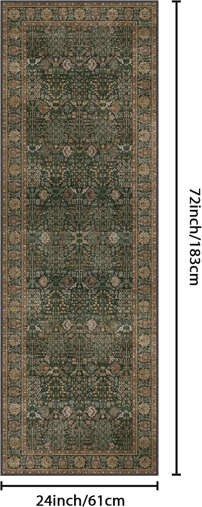 Bavni 2x6 Rug Runners for Hallways, Washable Runner Rug Non Slip, Vintage Floral Print Style Rugs for Bedroom-Lightweight Low Pile Carpet for Hallways Bathroom, Dark Green/Multi