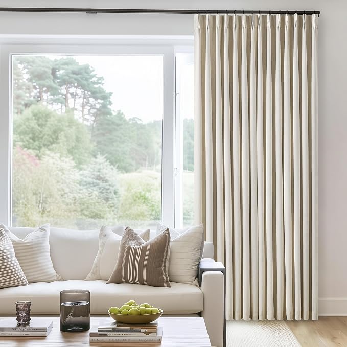 Pleated Cream Beige Linen Blackout Curtains for Bedroom 90 Inch Length 2 Panels Pinch Pleat Back Tab Neutral Farmhouse Living Room Darkening Curtains Track System Thermal Insulated Black Out Drapes