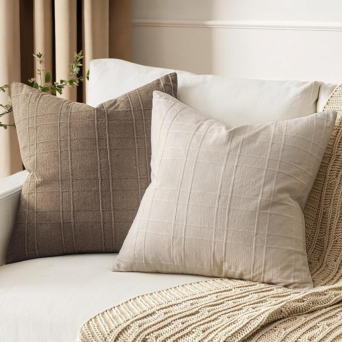MIULEE Decorative Linen Check Euro Shams Throw Pillow Covers Neutral Farmhouse Vintage Pillow Covers 28x28 Set of 2 Boho Modern Home Decor for Sofa Couch Bedroom Cushion Natural Beige