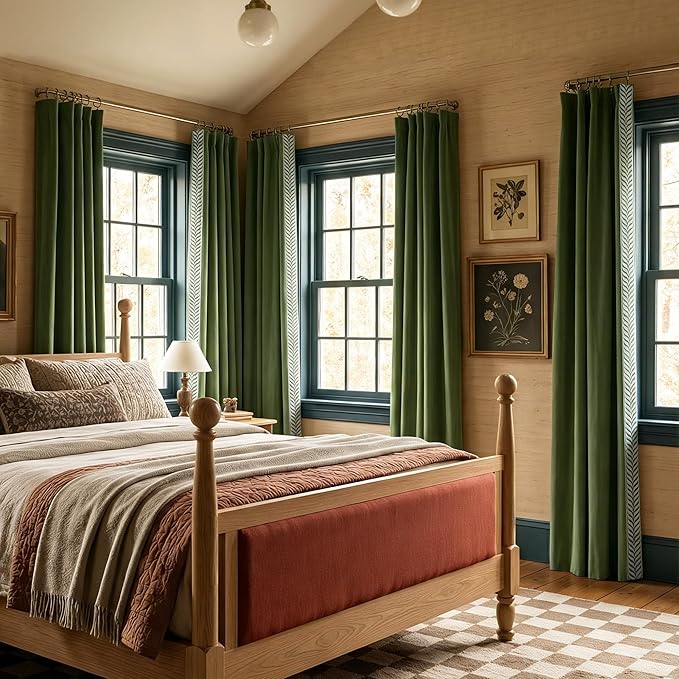 NICETOWN Rod Pocket Embroidered Trim Velvet Curtains, 2 Panels, Olive Green, 96 Inch Length Adjustable Velvet Curtains, Room Darkening Noise Reduce Drape, Modern Window Panels for Bedroom Living