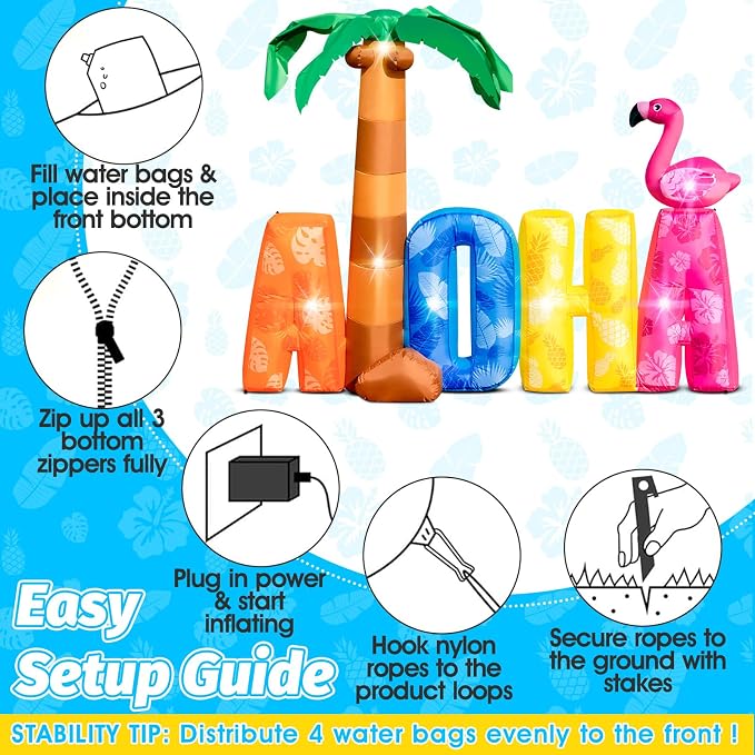 7FT Inflatable Aloha with Palm Tree Flamingo for Luau Party Decorations, Blow Up Aloha Sign Built-in 7 LED Lights for Summer Outdoor Decor, Hawaiian Beach Pool Yard Garden Birthday Photo Backdrop