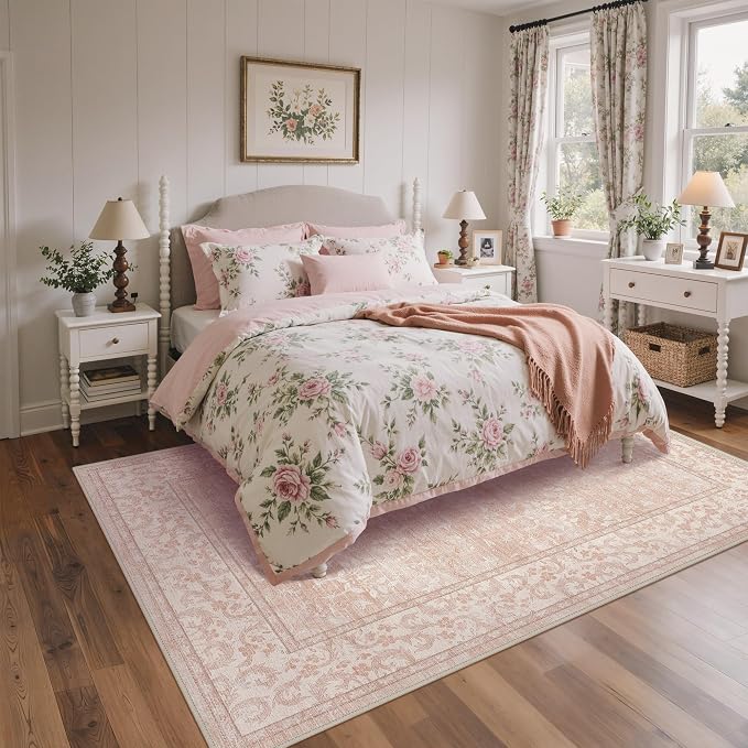 GENIMO 5x7 Washable Area Rugs for Living Room, Non Slip, Pink White | Vintage Boho Floral Low Pile Thin Carpet for Bedroom, Dining Room, Nursery, Indoor Decor