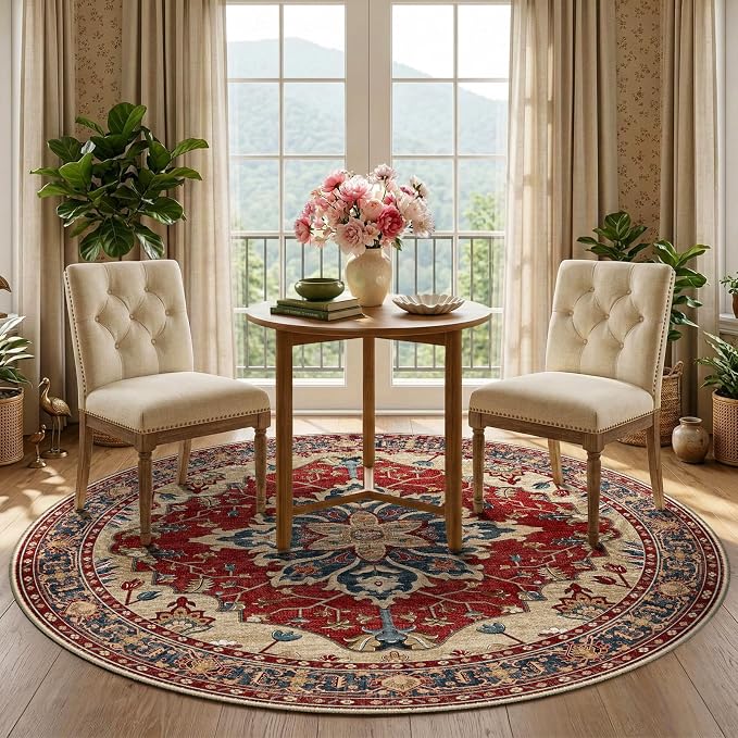 RELEANY Area Rugs Round 5ft Washable Non-Slip, Floral Vintage Distress Medallion Carpet for Living Room Bedroom Dining Room, Red Blue