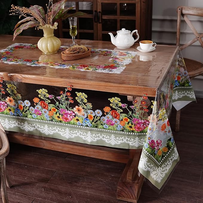 Clear Table Protector Cover Vinyl Rectangle PVC Tablecloth Waterproof Oil Proof Wipeable Plastic Tablecloths for Spring Summer Home Kitchen Dining Table (Lace Floral, 52 x 70 Inches)