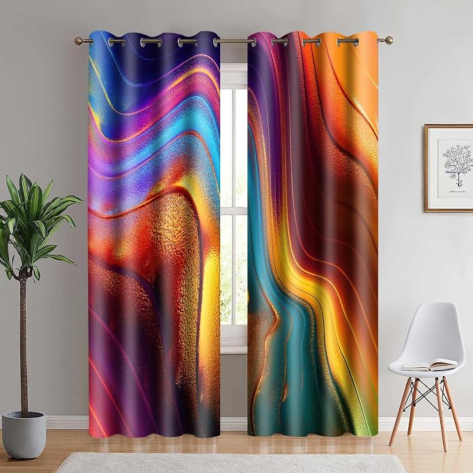 Colourful Fluid Curtains Modern Art Theme Abstract Blackout Drapes Nordic Design Stained Rainbow Glass Fluid Window Drapes for Bedroom Living Room Guest Room 2Panel 52x84inch CLOKMS0239 | Nordic Design Stained Rainbow Glass Fluid Window Drapes for Bedr...