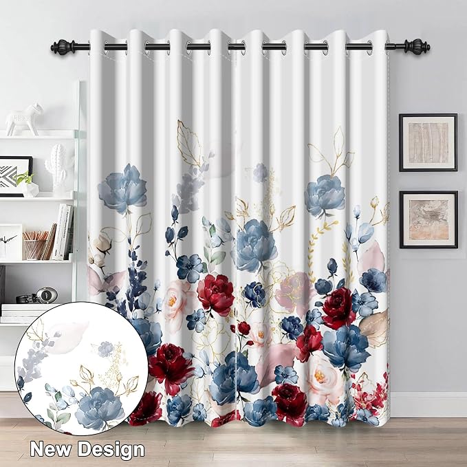 Renaiss Floral Blackout Curtains Watercolor Gray Blue and Red Peony Flower Bloossom Thermal Insulated Window Drapes for Bedroom 53W x 96L inches 2 Panel Set Window Curtains for Living Room