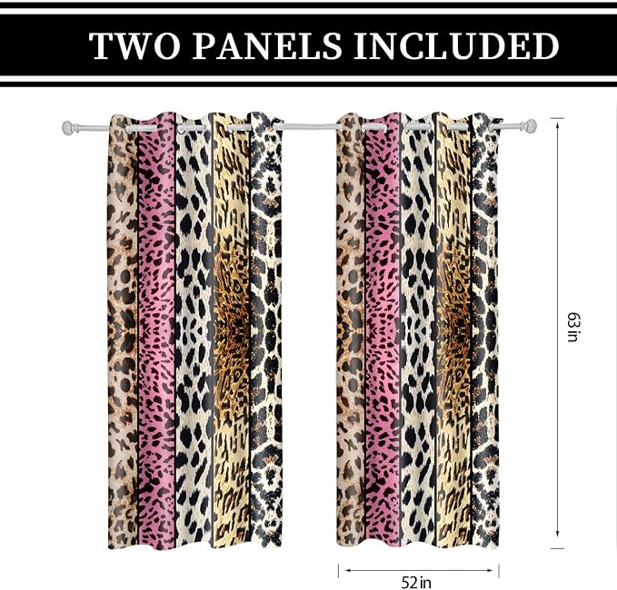 Wild Animal Print Curtain, Room Darkening Thermal Insulated Blackout Leopard Boa Window Drapes with Grommets for Living, Dining, Bedroom, Pink Leopard Print, 52"x 63", 2 Panels