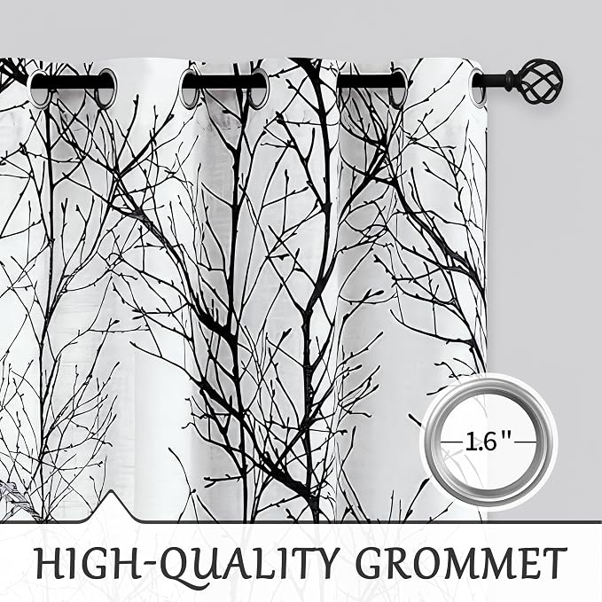 FMFUNCTEX Black White Linen Sheer Sliding Glass Door Curtain for Living Room Modern Tree Branch Print Window Curtain for Office, Light Filtering 100 Inch Extra Wide Sheer Room Divider Curtain 1 Panel
