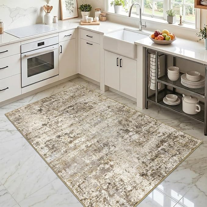 3x5 Area Rugs Washable Living Room Rug-No Slip Soft Carpets Modern Abstract Indoor Floor Stain Resistant Carpet for Bedroom Dining Room Farmhouse Nursery Home Office Brown
