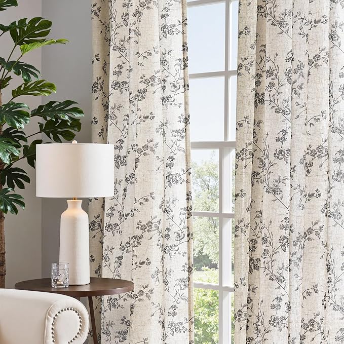 jinchan Black Floral Linen Curtains 84 Inch Rustic Drapes Back Tab 2 Panels | Black on beige, light filtering, semi sheer, farmhouse, country, privacy, flower, bedroom, living room, window treatment
