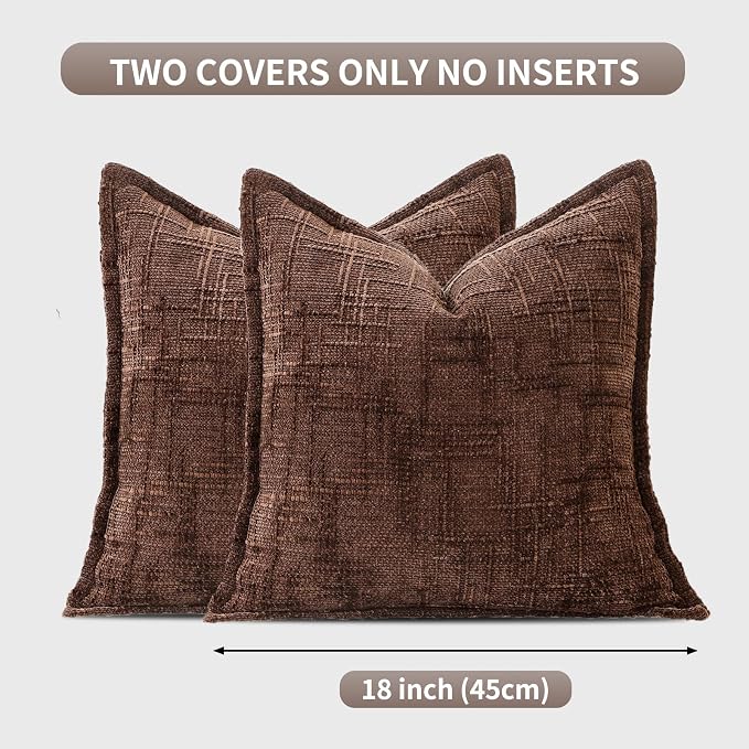 HPUK Fall Chenille Soft Throw Pillow Covers 18x18 Set of 2, Accent Cushion Covers for Living Room, Bedroom, Decorative Solid Color Pillow Covers for Couch, Sofa, Chair, Chocolate