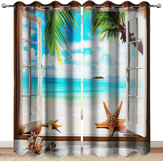 Ocean Beach Blackout Curtains Seaside Palm Tree Shell Starfish Decor Coast Sunshine Blue Sky Summer Curtain Women Men Girls Boys Bedroom Living Room Darkening Grommet Window Drapes 2 Panels, 42"x63"