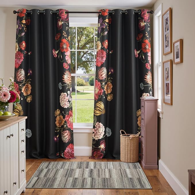 jinchan Hannah Floral Blackout Curtains with Retro Vintage Black Boho Flower Print Drapes for Bedroom Living Room Fall Decor Window Curtains Room Darkening 96 Inches Length 2 Panels Set with Grommet