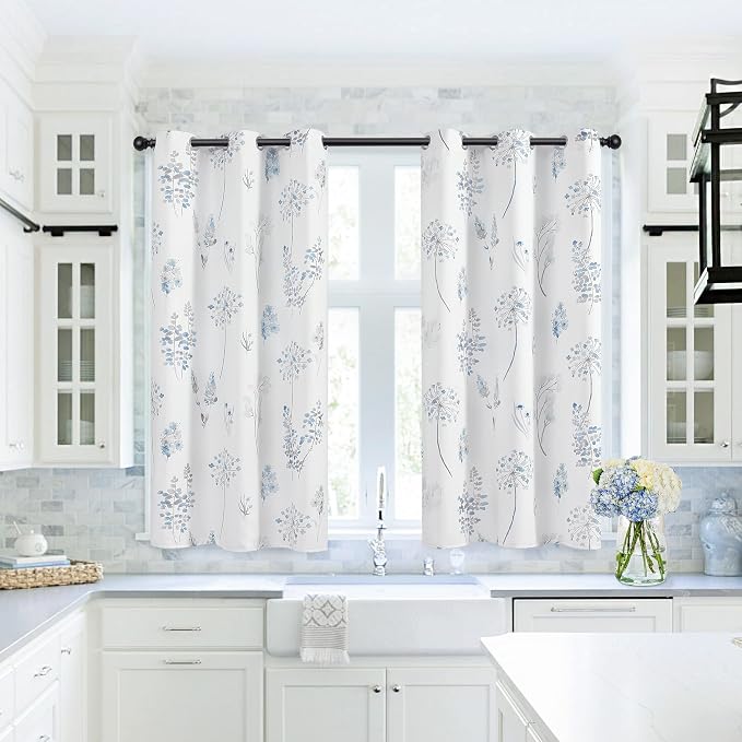 XTMYI Light Blue Curtains 45 Inch Length for Bathroom Small Window,Print Watercolor Serene Relaxing 80% Blackout Short Curtains for Bedroom Door Windows,Blue and Grey
