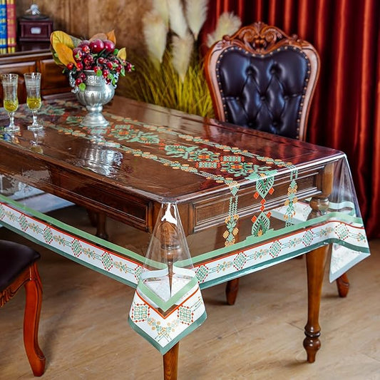 SUTAVIA Clear Vinyl Table Protector Rectangle PVC Tablecloth with Printing Floral Oilproof Table Cloths for Home Decor Holiday Party Dining Table Outdoor (Green, Rectangle, 55x120 inches)