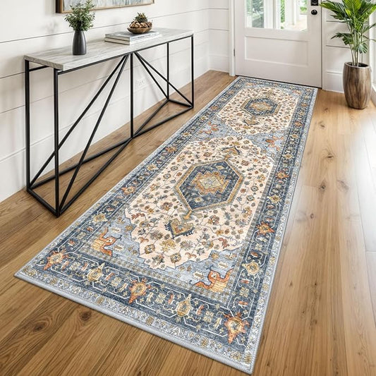 KUTA Vintage Washable Runner Rug, 2.6x8 Runners for Hallways Non-Slip Ivory Blue Kitchen Rugs Ultra Soft Printed Tribal Floor Carpet for Bedroom Living Room Nursery Playroom