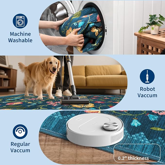 GarveeHome Washable Rug 8x10 Area Rugs for Living Room, Floral Rug for Bedroom, Soft Vintage Non Slip Throw Rugs with Rubber Back, Low Pile Stain Resistant Boho Floral Carpet for Dining Room, Blue