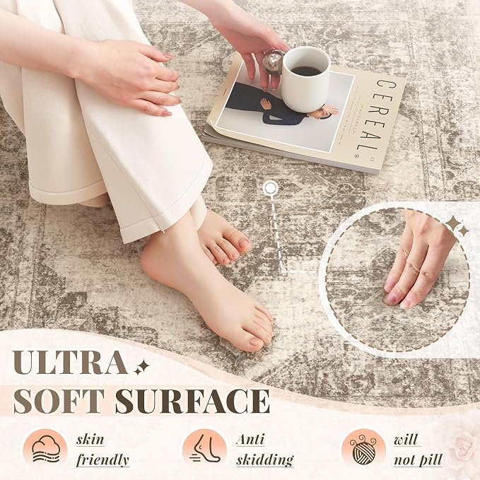Area Rug 2x6 Runner Rugs: Washable Vintage Hallway Rug Indoor Medallion Rugs Low Pile Distressed Floor Carpet Retro Accent Rug for Kitchen Bedroom Bathroom Dining Room(Taupe, 2'x6')
