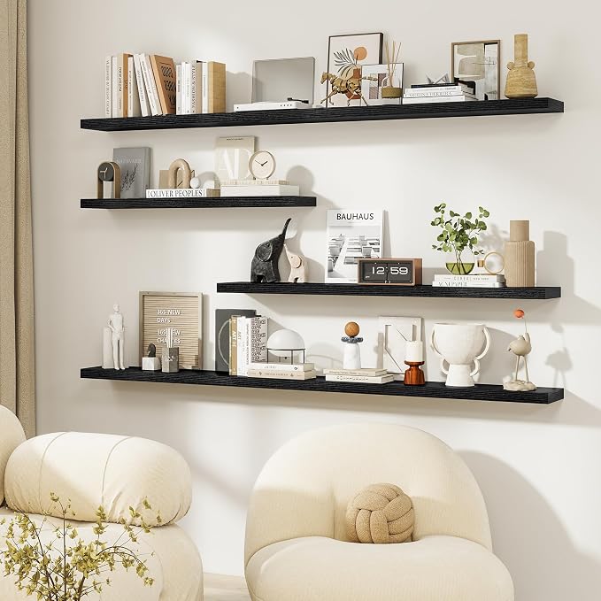 Dreamland Floating Shelves for Wall, 27.5 Inch Long Shelves, Wall Decor for Bedroom, Kitchen, Living Room & Book Storage, Mounted Floating Shelf with Invisible Brackets, Set of 2, Black