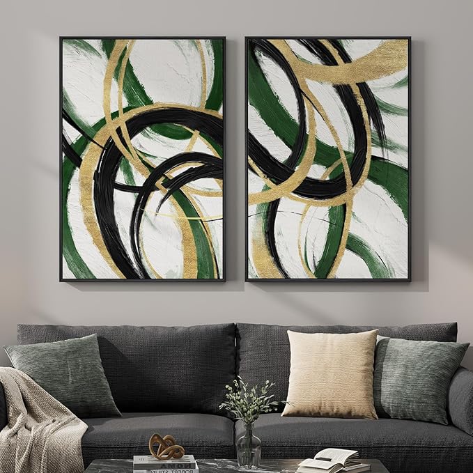 Framed Green Abstract Wall Art Set of 2 for Living Room, Large Green Gold and Black Canvas Artwork for Walls, Modern Luxury Painting Print for Bedroom Dining Room Office Hallway Wall Decor, 24x36 Inch