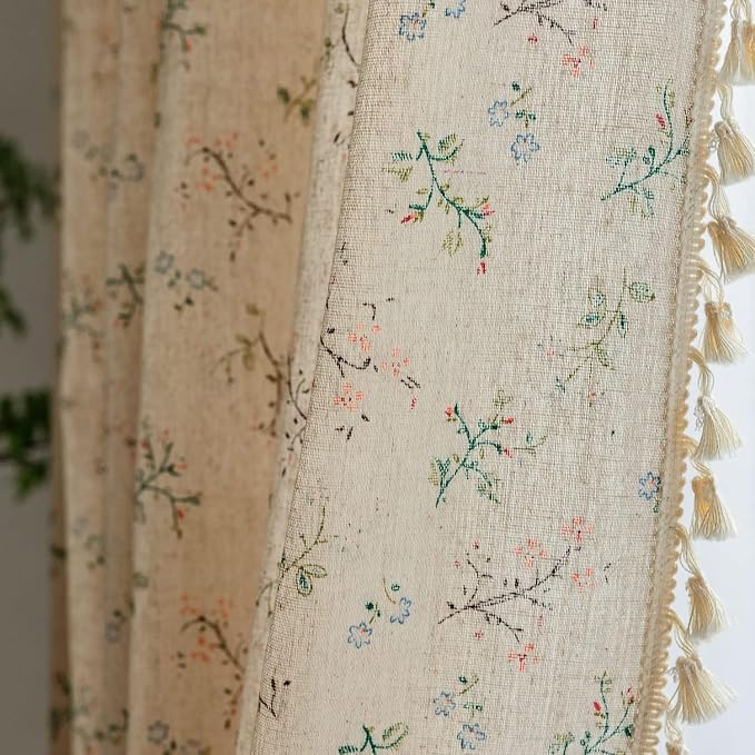 OYX Boho Floral Curtains 84 Inch, Linen Farmhouse Flower Drapes with Lace & Tassels, Light Filtering Semi Sheer Curtains for Living Room Bedroom, 2 Panels