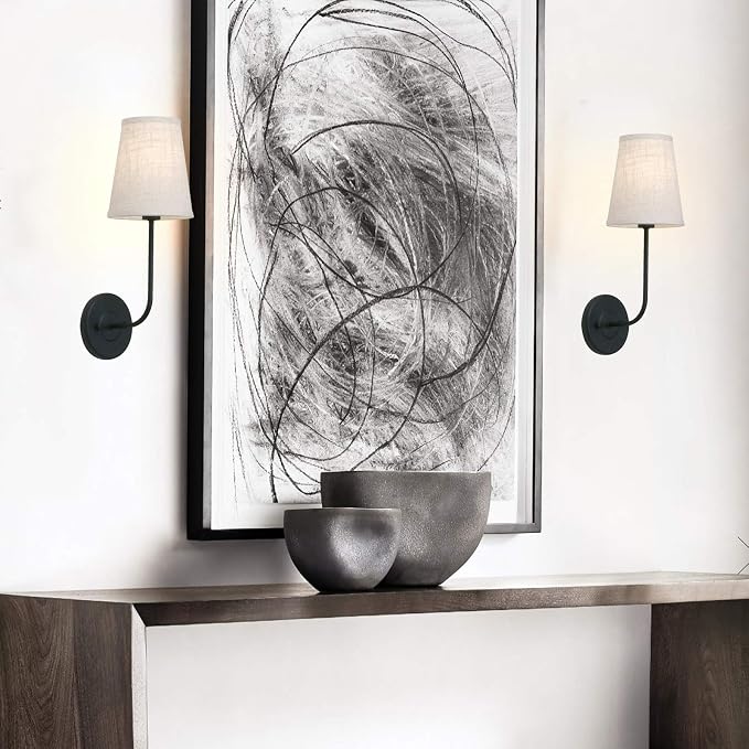 PERMO Classic Rustic Wall Sconce Light Fixture with Flared Funnel Linen Fabric Shade Nightstand Lamps for Living Room Bedrooms Bedside Reading (Black)