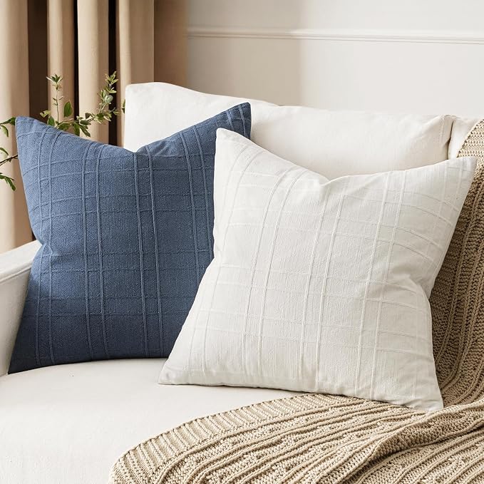 MIULEE Decorative Linen Check Euro Shams Throw Pillow Covers Neutral Farmhouse Vintage Pillow Covers 24x24 Set of 2 Boho Modern Home Decor for Sofa Couch Bedroom Cushion Cream White