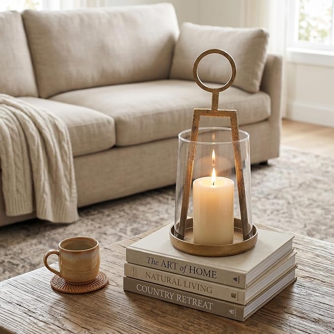 Small Farmhouse Hurricane Candle Holder (4.3" W x 9.2" H), Antique Brass Metal Lantern with Clear Glass Sleeve, Compact Tabletop Decor for Pillar Candles & Small Plants