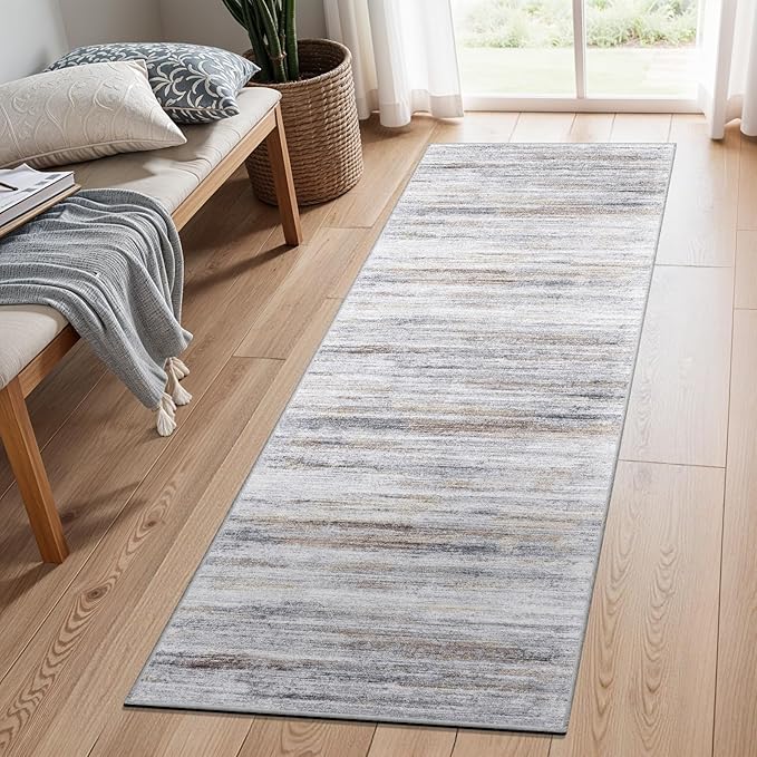 2x8 Washable Runner Rug for Family: Easy-to-Clean Runners for Hallway Entryway Bedroom - Stain and Water Resistant Rugs with Non-Slip Backing - Soft Low-Pile Carpet Beige Grey