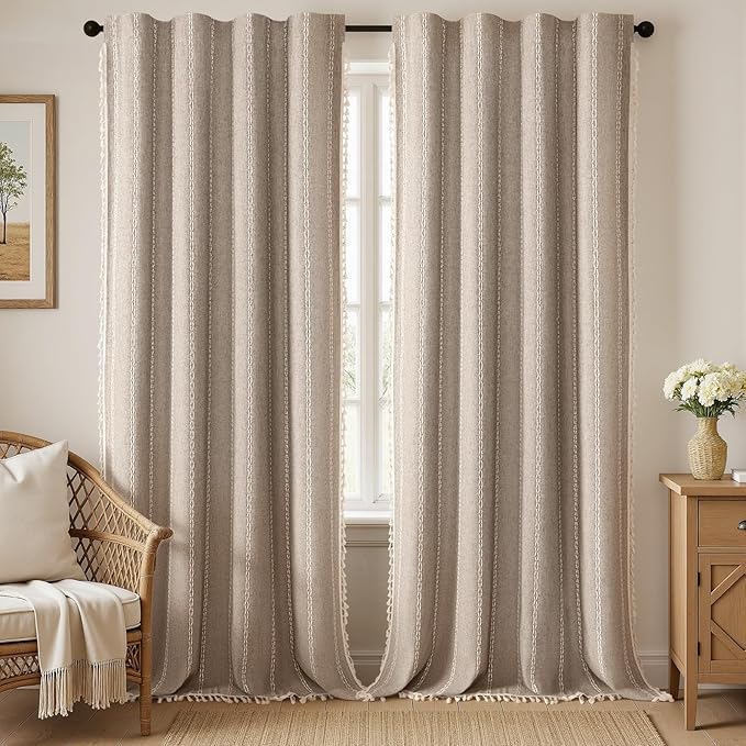 Khaki Brown Boho Blackout Curtains 96 Inches Long Linen Blend 2 Panels with Tassels and Cotton Embroidery, Farmhouse Vintage Rustic Rod Pocket Drapes for Living Room or Bedroom