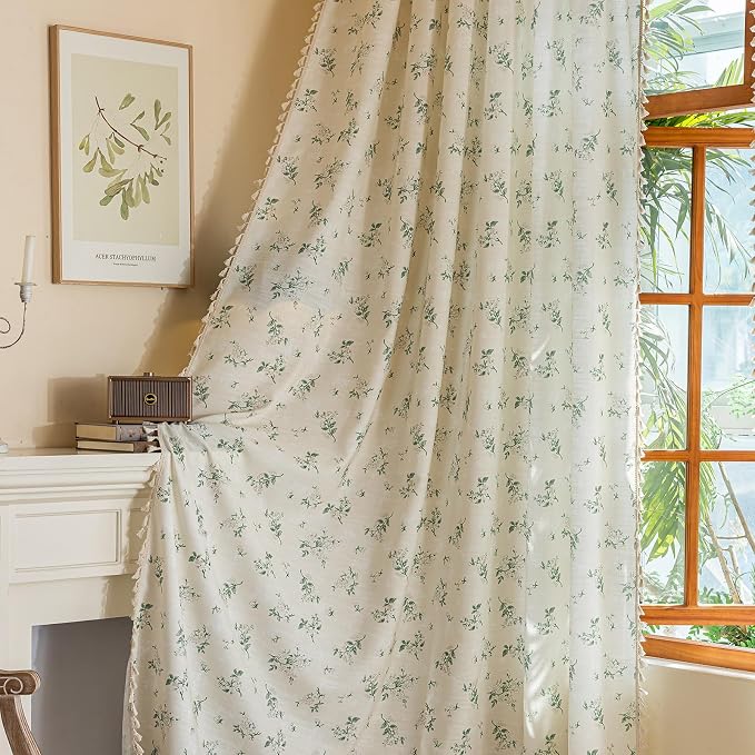 OYX Boho Floral Spring Semi Sheer Curtains 63 Inch Length 2 Panels, Linen Texture Farmhouse Light Filtering Curtains Beige Tassel for Bedroom Living Room Vintage Rustic Patterned Printed Rod Pocket