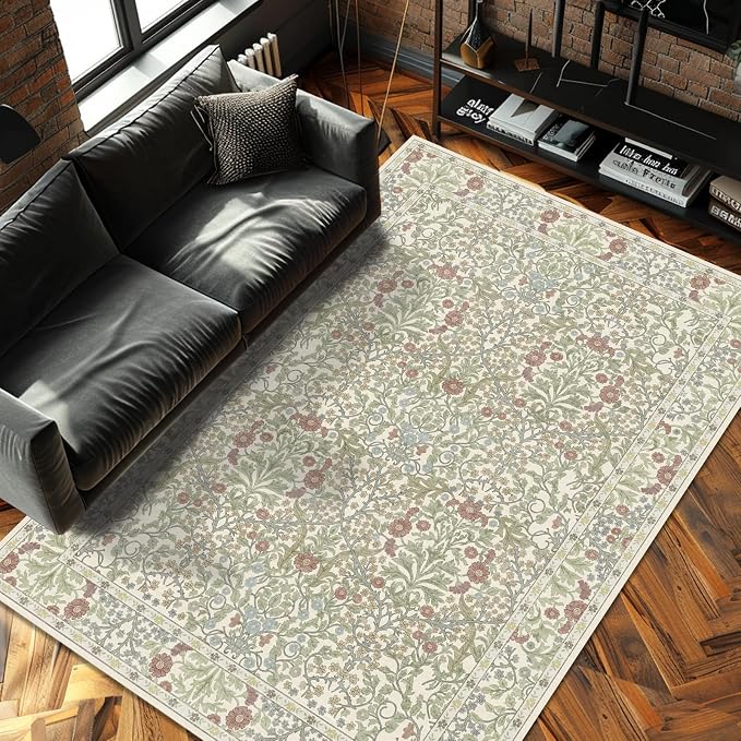 Vintage Light Green Living Room Rug, 6x9 Washable Area Rugs for Dining Room Under Table, Soft Low Pile Large Carpet Bedroom, Non-Slip Boho Floral (6 x 9 Light Green)