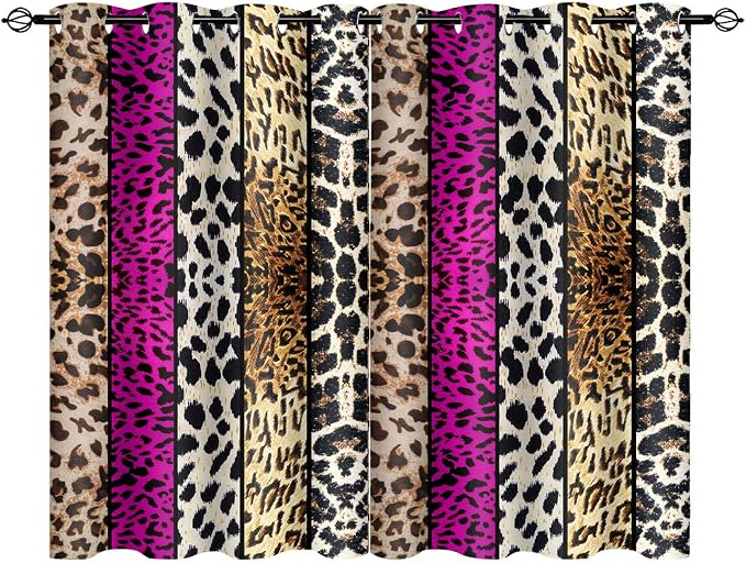 Wild Animal Print Curtain, Room Darkening Thermal Insulated Blackout Leopard Boa Window Drapes with Grommets for Living, Dining, Bedroom, Hot Pink Leopard Print, 52"x 60", 2 Panels