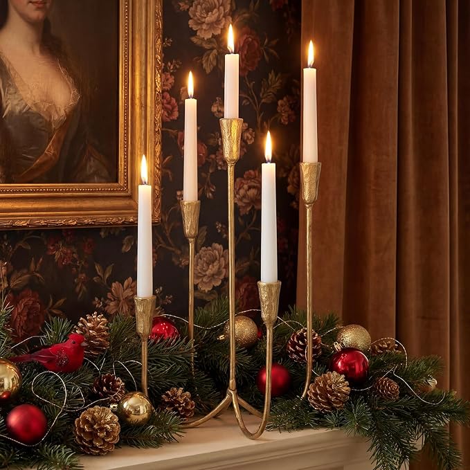 5-Arm Gold Candelabra Candle Holder Detachable Metal Taper Candleholders 17.5” Tall Cast Iron Candlestick Holders for Wedding Centerpiece Dining Table Party Home Decor Events